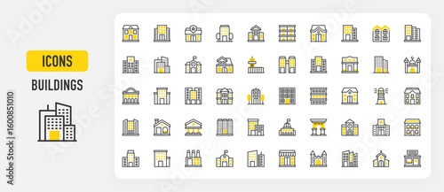 Set of Buildings vector stroke icons. such as House, Office Block, Residence, University, City Hall, Villa, Apartment, Entrance, Arch, Cityscape, School, Bank, Condo, Shopping Center illustration.	
