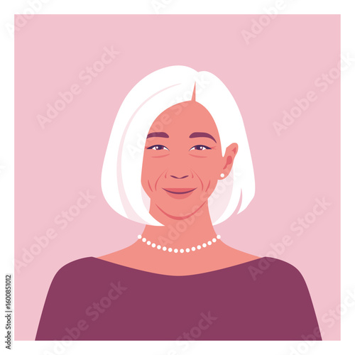 Portrait of a elderly Asian woman with a white hairstyle. The head of a happy grandfather. Vector flat illustration