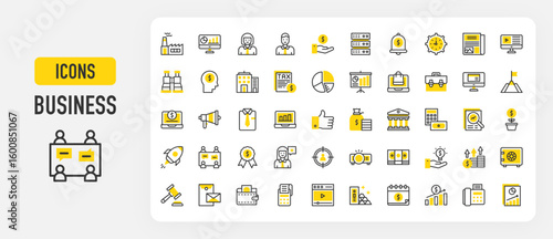 Set of Business vector stroke icons. such as Saving, Analysis, Growth, Pie Chart, Bank, Revenue, Success, Tie, Projector, Fax, Money Bag, Bell, Startup, Award, Calendar, Pos Terminal illustration.	
