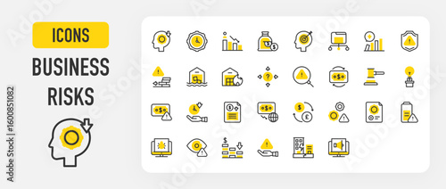 Set of Business risks vector stroke icons. such as Uncertainty, Money, View, Alert, Risk, Earthquake, Time Management, Fire, Alert, Recession, File, Shield, Deadline, Exchange, Low illustration.	
