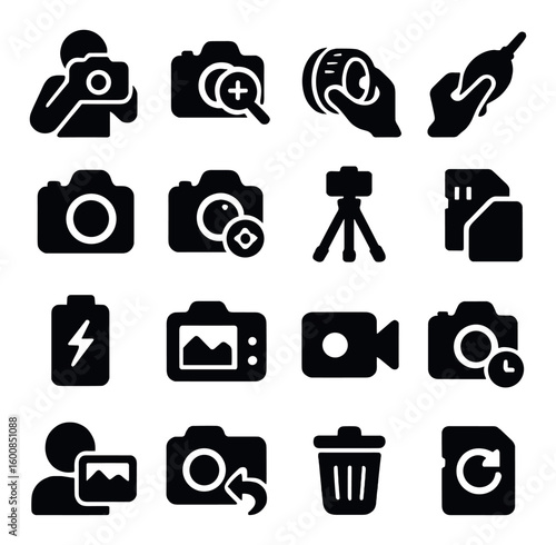 Photography silhouette icon set. containing camera, tripod, zoom, battery, memory card, video, delete.