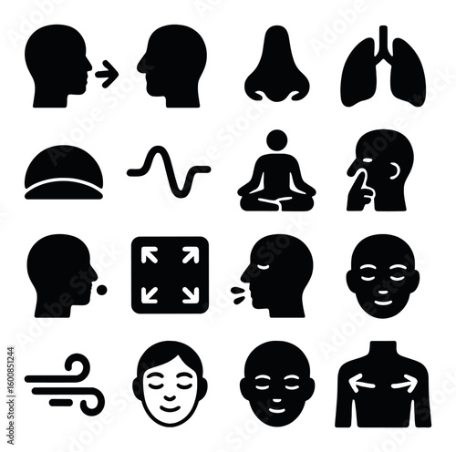 Human senses silhouette icon set. containing talk, smell, breathe, meditation, sneezing, airflow, pressure.