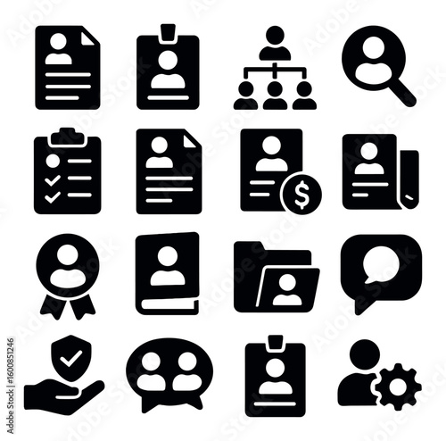 Business silhouette icon set. includes profile, search, organization, file, document, chat, settings