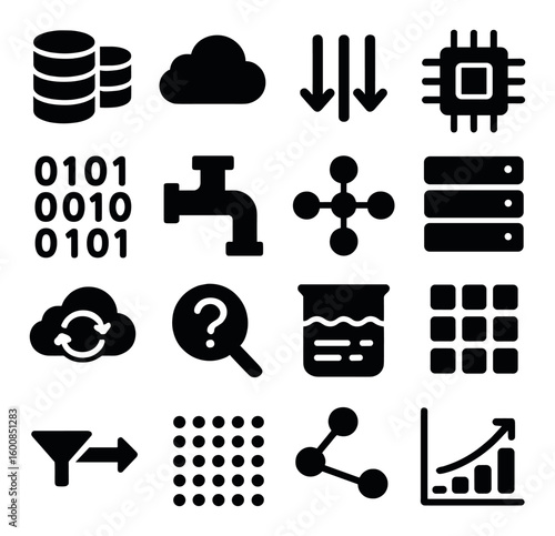 Technology silhouette icon set. containing cloud, server, network, data, circuit, graph, and more.