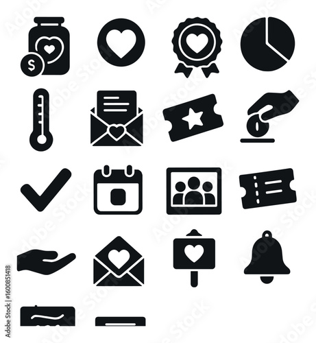 Charity silhouette icon set. containing donation, heart, award, chart, envelope, ticket, thermometer, calendar, bell.