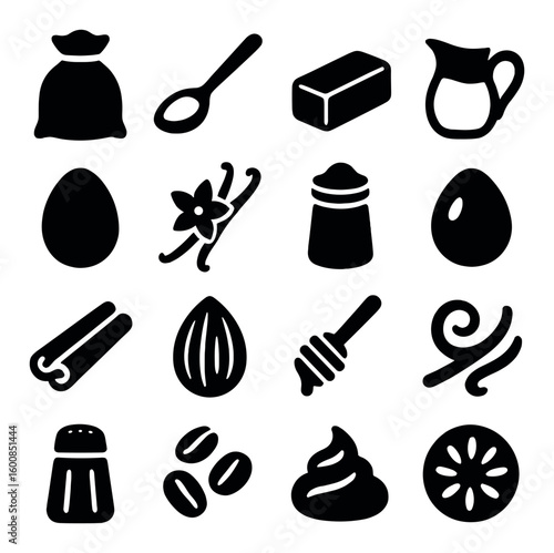 Baking ingredients silhouette icon set. includes flour, spoon, butter, milk, egg, vanilla, salt, cinnamon, almond, honey