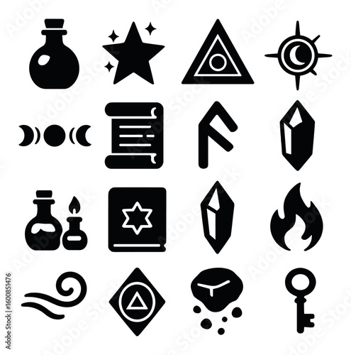 Magic silhouette icon set. containing potion, star, triangle, sun, moon, scroll, rune, crystal, flame, wind, key.