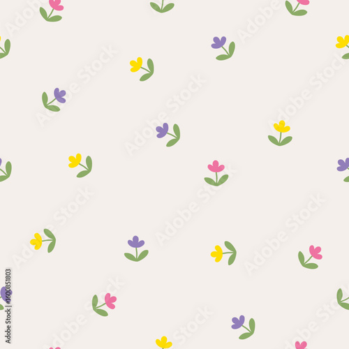 Small flowers isolated on a beige background. Seamless pattern under clipping mask, convenient for editing. The background color can be easily replaced. Floral background for paper, cover, textile.