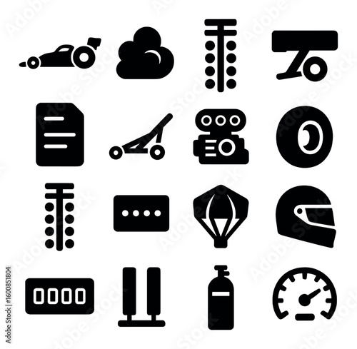 Racing silhouette icon set. containing race car, cloud, traffic lights, helmet, speedometer, tire, engine, and more.