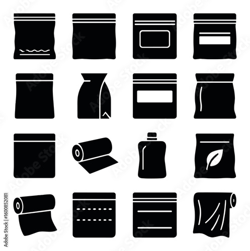 Packaging silhouette icon set. containing ziplock, resealable bag, pouch, wrapper, and more.