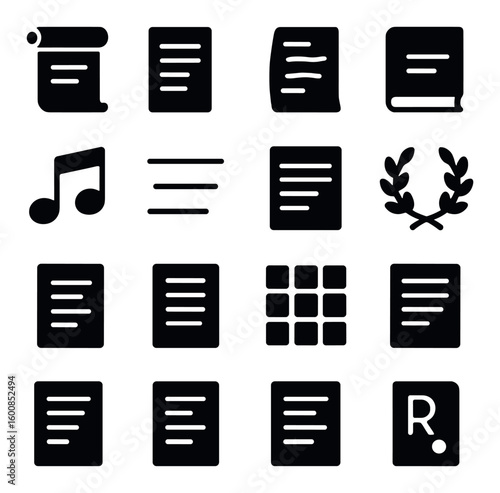 Document management silhouette icon set. includes scroll, book, music note, laurel, blocks, and text icons.