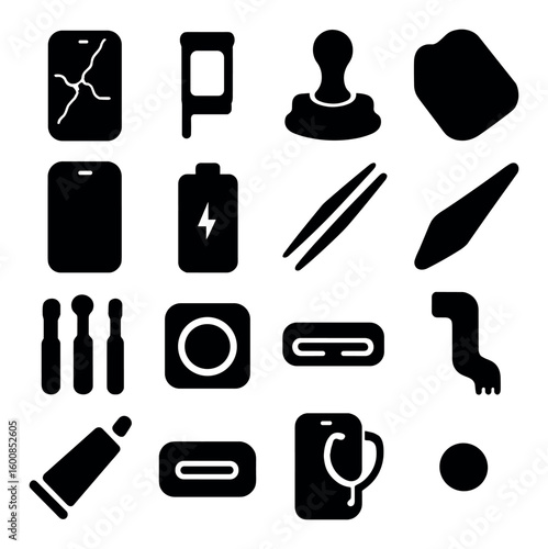 Repair tools silhouette icons set: phone, sim, stamp, battery, files, tweezers, brush, plug, hose, sealant