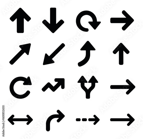 Arrow silhouette icon set. contains upward, downward, left, right, curved, zigzag, split arrows.