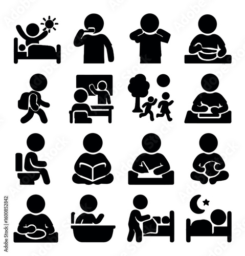 Daily routine silhouette icon set. includes sleeping, eating, studying, playing, bathing, reading, and more.