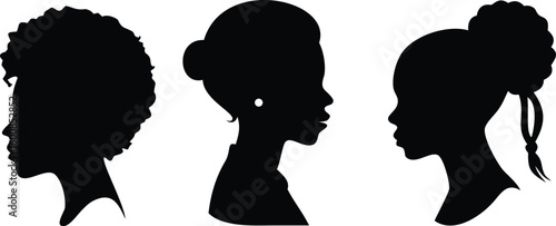Three Black Female Silhouettes Depicting Different Hairstyles on a White Background