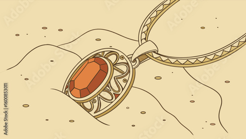 Illustration of a golden necklace with an orange gem partially buried in the sand on a light background