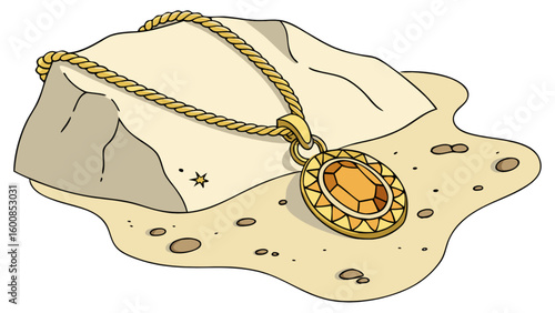 Golden necklace with orange gem pendant resting on a rock surrounded by sand illustration art
