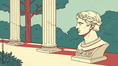 Illustration showing a bust of a roman emperor with columns and greenery in the background scene view