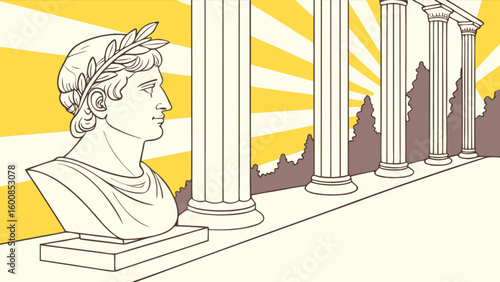 Bust of a roman emperor with laurel wreath and classical columns against a yellow sunburst background