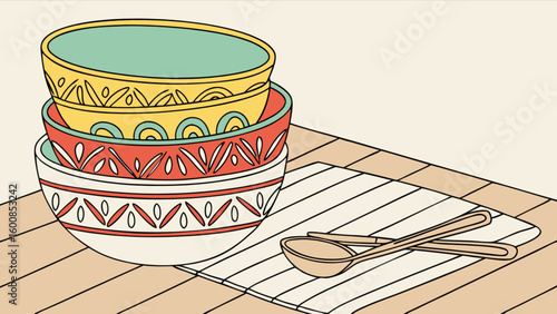 Stacked bowls with colorful designs and spoons on a striped mat on a tiled surface image style