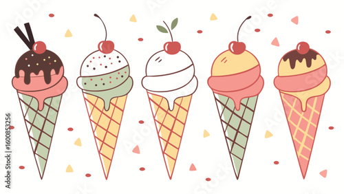 Illustration of five ice cream cones with different flavors and toppings arranged in a row on white