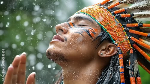 Native American man in feathered headdress, rain.