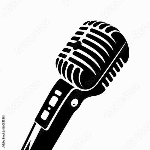 Minimalist black silhouette vector of a hand microphone for stage speech on white background