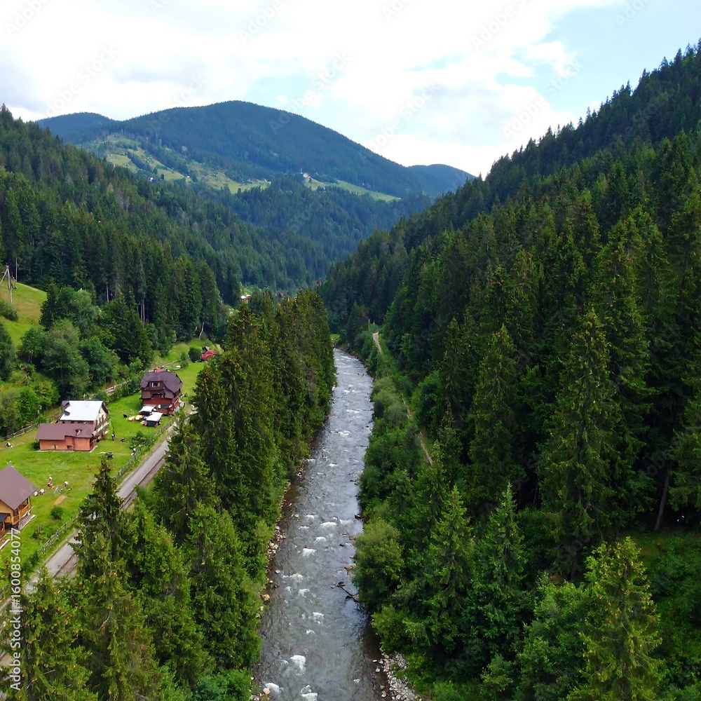 Obraz premium Mountain valley with river and houses