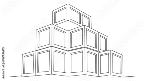Isometric view of a pyramid structure made of hollow cubes arranged in a step like formation