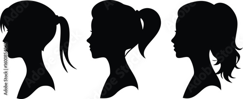 Three Woman Silhouette Profiles With Different Hairstyles Ponytail, Updo, and Loose Hair