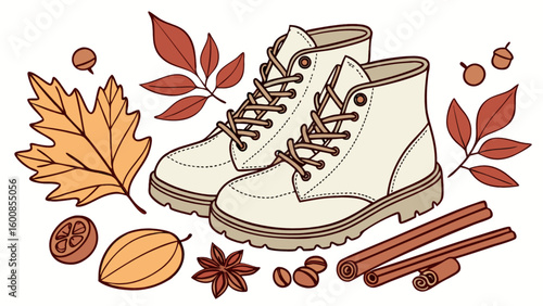 Autumnal still life featuring boots leaves acorns cinnamon sticks and coffee beans in a cozy scene