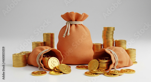 Orange Money Bags & Gold Coins – 3D Wealth Scene.