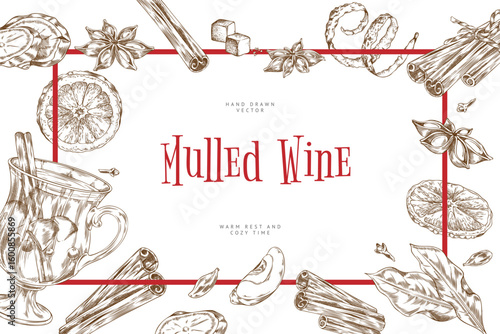 Rectangular frame with monochrome sketch of mulled wine with pieces of fruits, spices, pine cones.