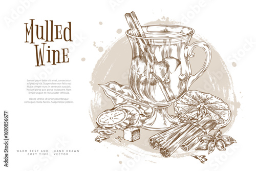 Poster with a glass of mulled wine with ingredients, cinnamon, orange, ginger, bay leaf.