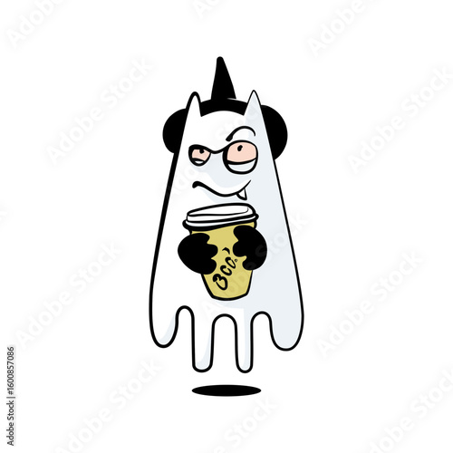 A playful cartoon character with a ghostly appearance holds a drink, displaying a mischievous expression. The character features a simple design with standout features