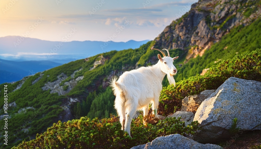 Obraz premium a white mountain goat grazes on a mountainside a goat stands on a stone cliff among green foliage wild animal travel concept