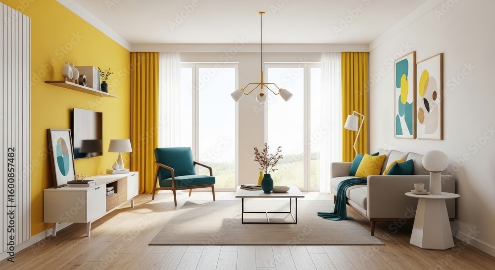 A living room with yellow accent wall and curtains, modern furniture and natural light from windows A living room with yellow accent wall and curtains, modern furniture and natural light from windows