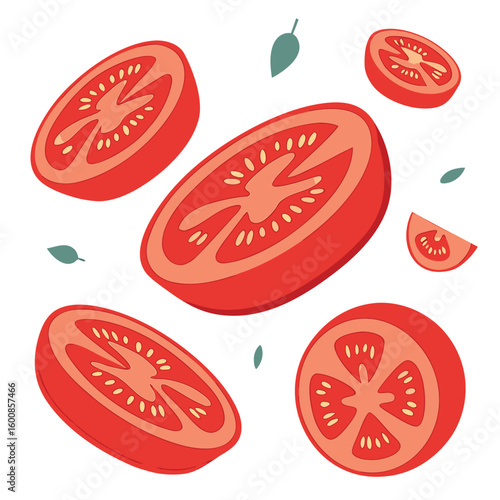 Sliced red tomatoes and tiny green leaves scattered against the transparent backdrop seem quite refreshing
