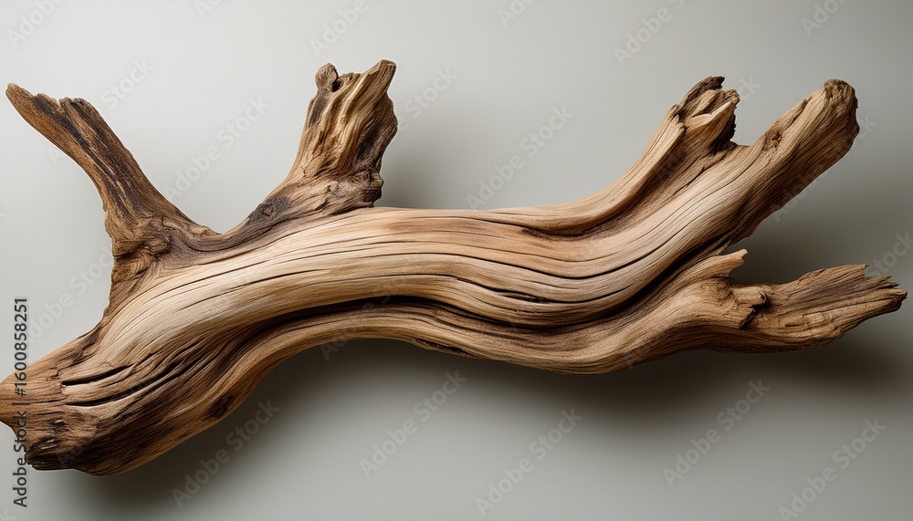 Fototapeta premium driftwood piece displaying natural textures against a light gray background in a serene outdoor setting