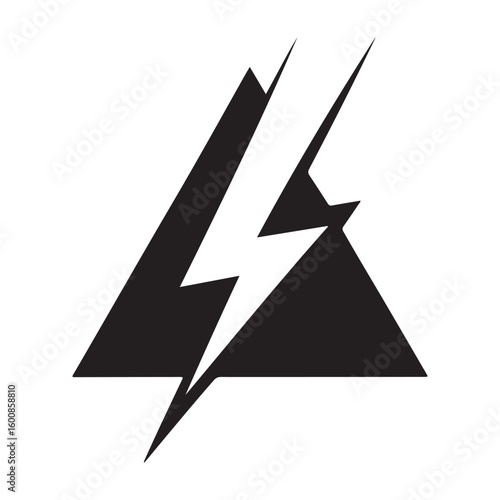 A bold graphic design featuring a black triangle intersected by a white lightning bolt on white background