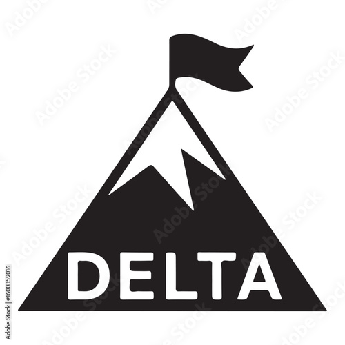 A black and white logo featuring a mountain with a flag and the word delta at the bottom