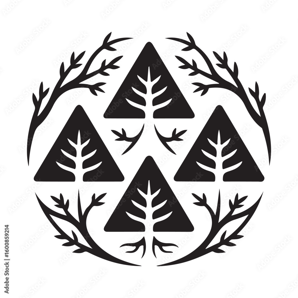 Fototapeta premium Black and white emblem featuring four triangles with tree inside and branches in a circular pattern