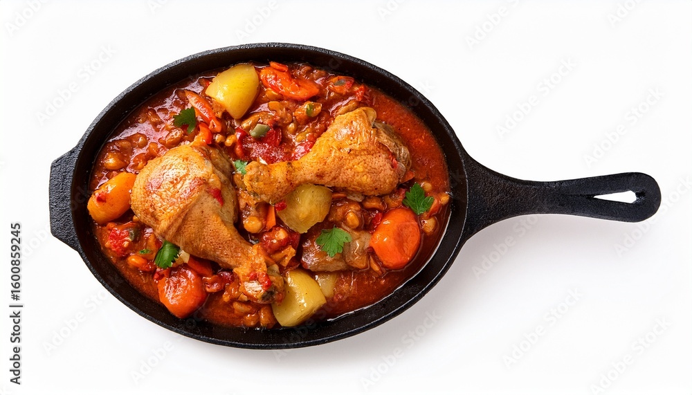 Fototapeta premium top view of a delicious looking poulet cacciatore on a dark cast iron skillet isolated on a white white background