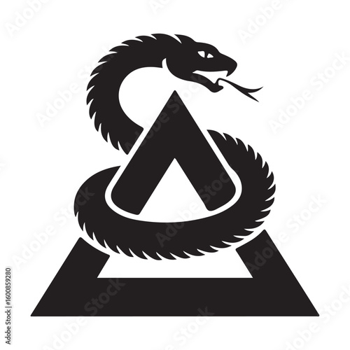 Black silhouette of a snake coiled around and through a triangle symbol on a white background