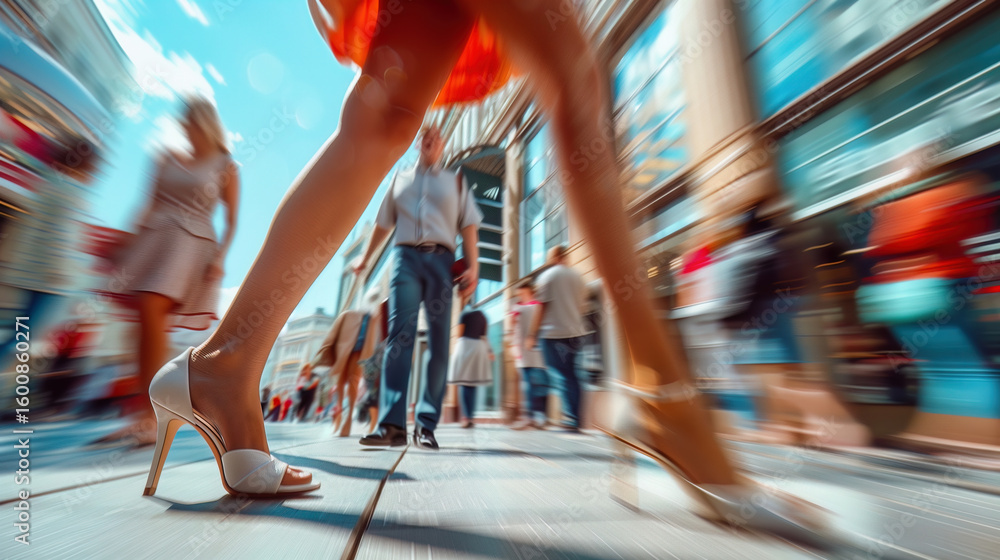 Fototapeta premium Stylish woman walking through vibrant city street in high heels, captured with dynamic blur to highlight motion, fashion, and bustling urban life.
