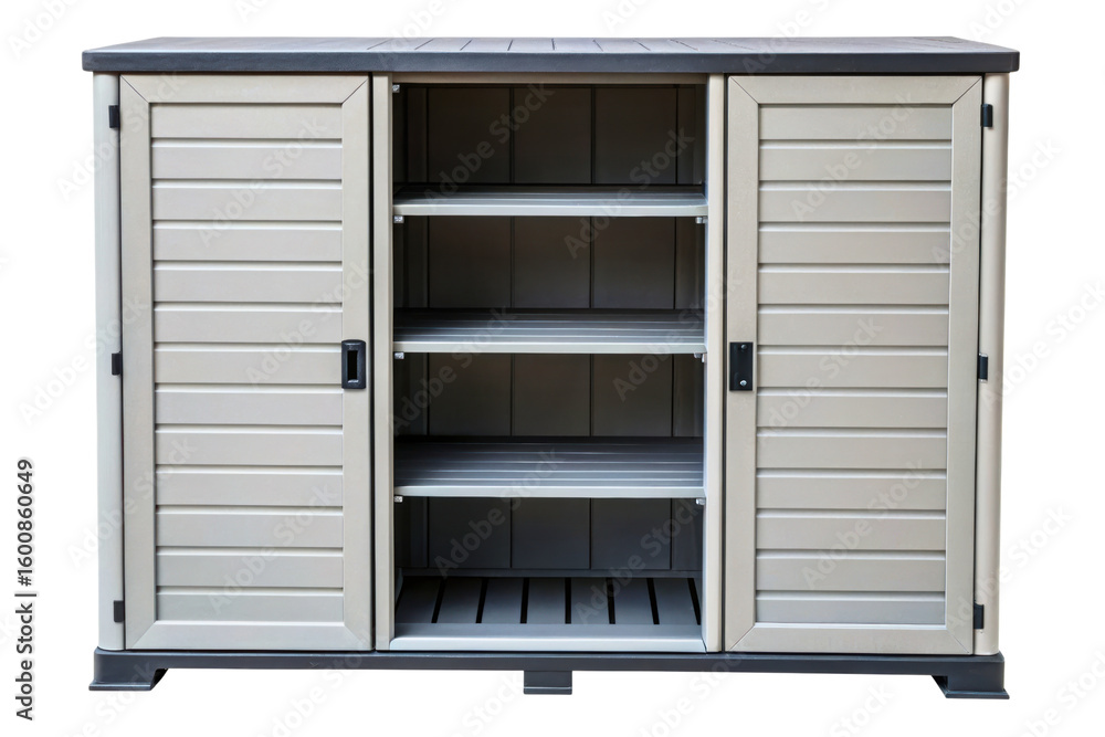Fototapeta premium Plastic outdoor storage cabinet with open doors and empty shelves isolated with transparent background