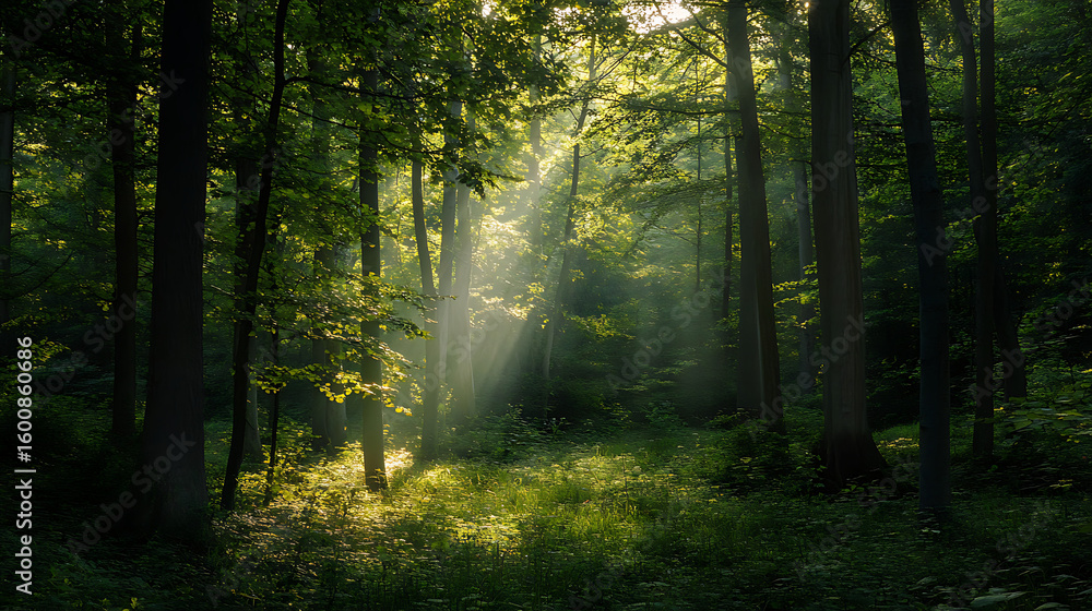 Obraz premium Gentle sunlight peeking through the branches in a dense woodland