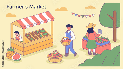 People shopping at outdoor farmers market with produce stand and decorative pennants hanging above them