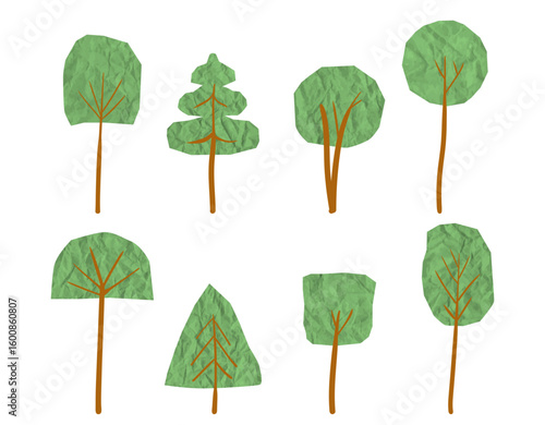 Set of retro trees made with crumpled, torn paper and cardboard textures. Freehand cut shapes for school, kindergarten, or ecology sticker signs. Organic autumn lawn elements. Vector illustration