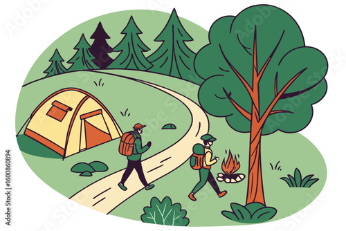 Illustration of camping scene with tent, hikers, trees, and a campfire in the outdoors area scene